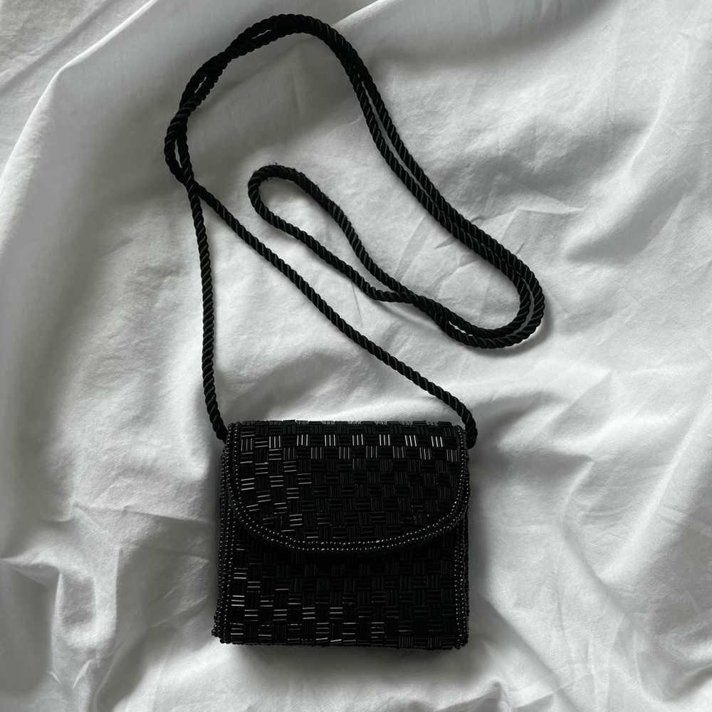 Small Black Beaded Crossbody Purse.